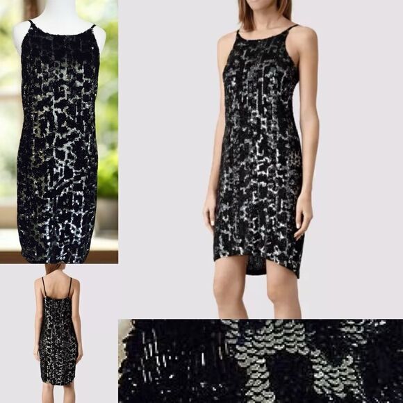 🔥 All Saints Hand Embellished Abstract Sequins Cocktail Dress Size 2 EU 34 - Picture 1 of 12